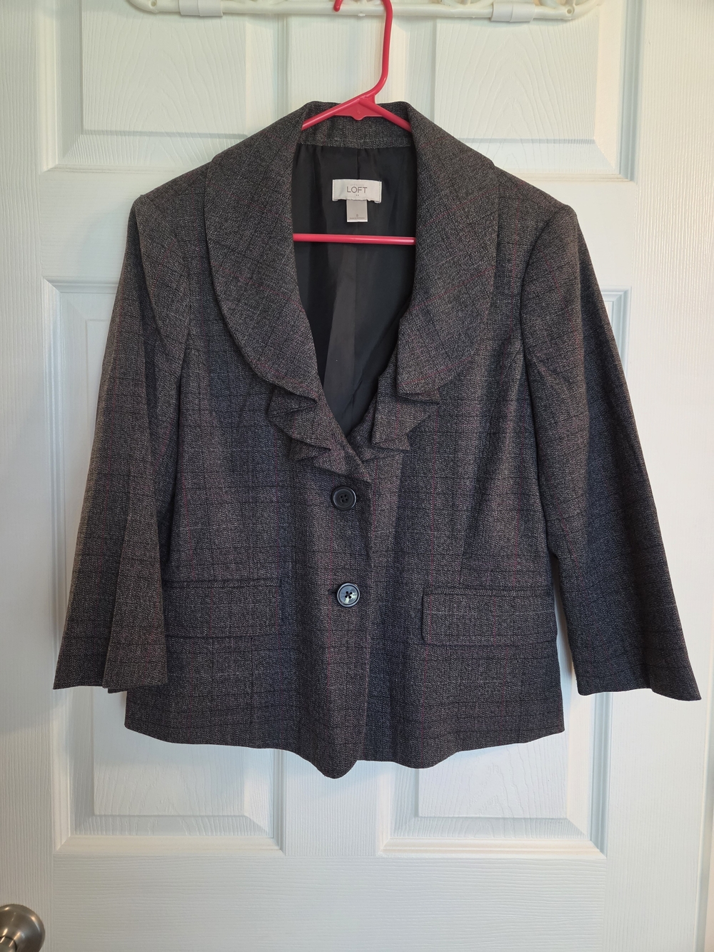 LOFT Gray Plaid Ruffle Collar Blazer with Pink Windowpane
